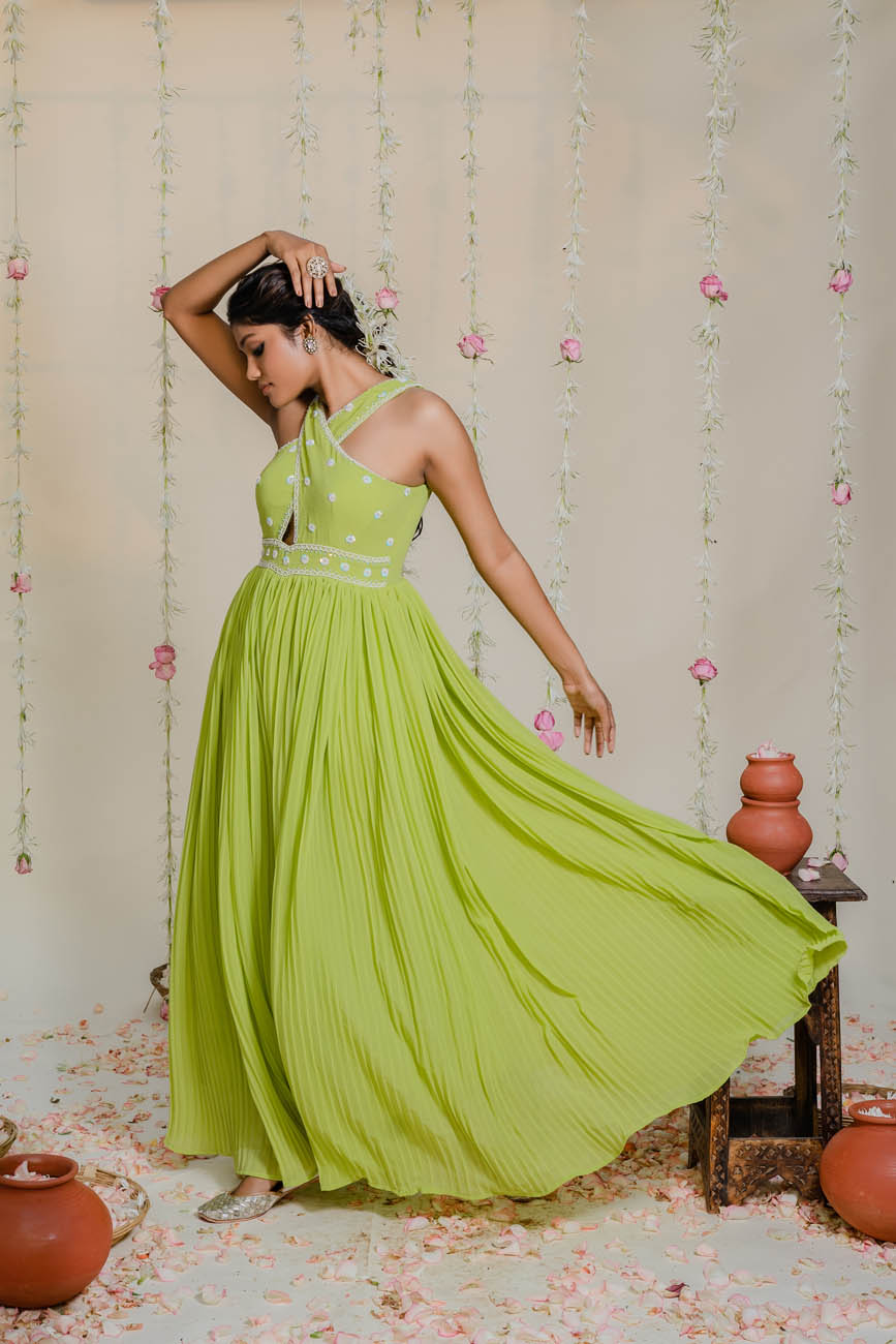 Pleated Embroidered Designer Green Jumpsuits